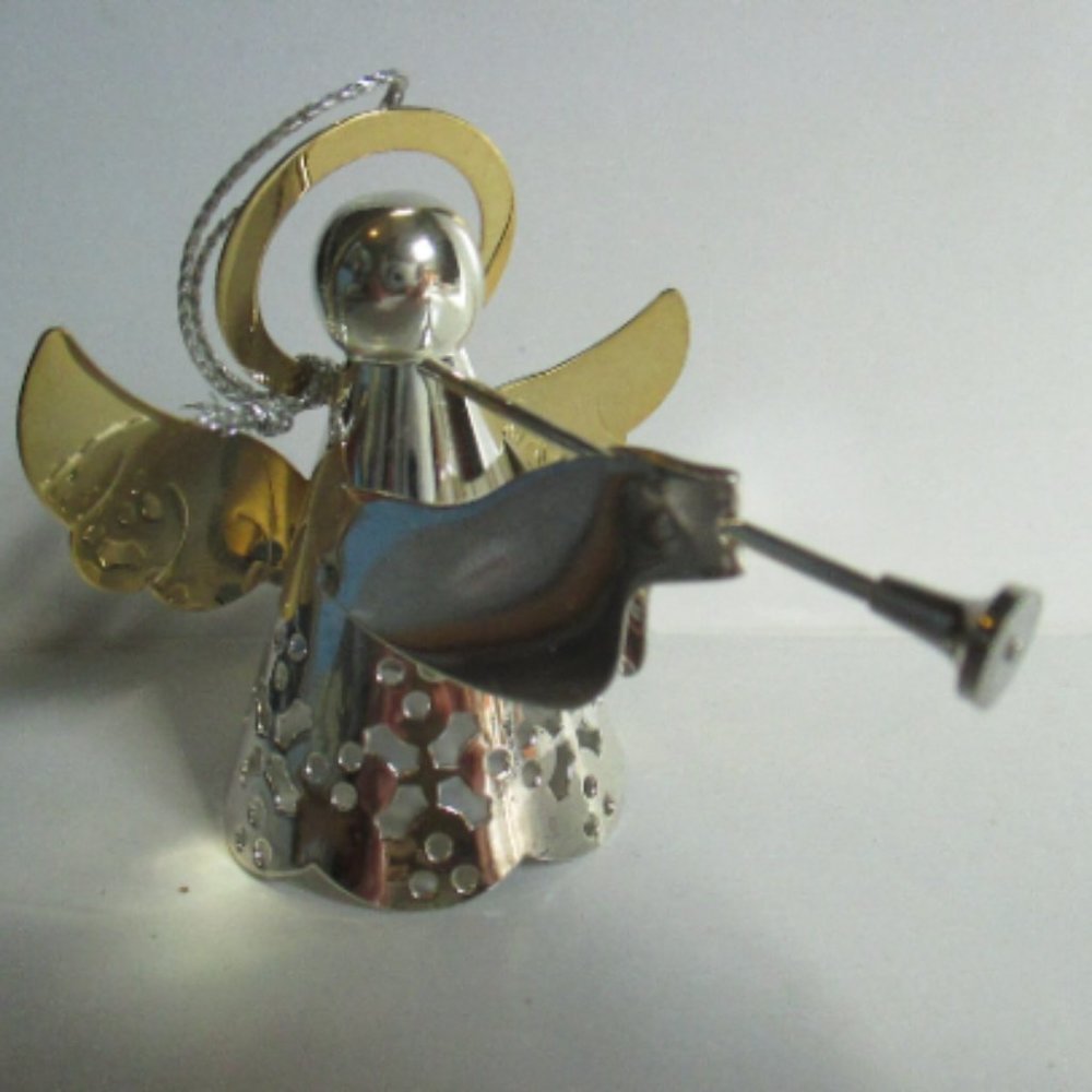 Shiny Silver & Gold Trumpet Angel Vintage ornament International Silver plate